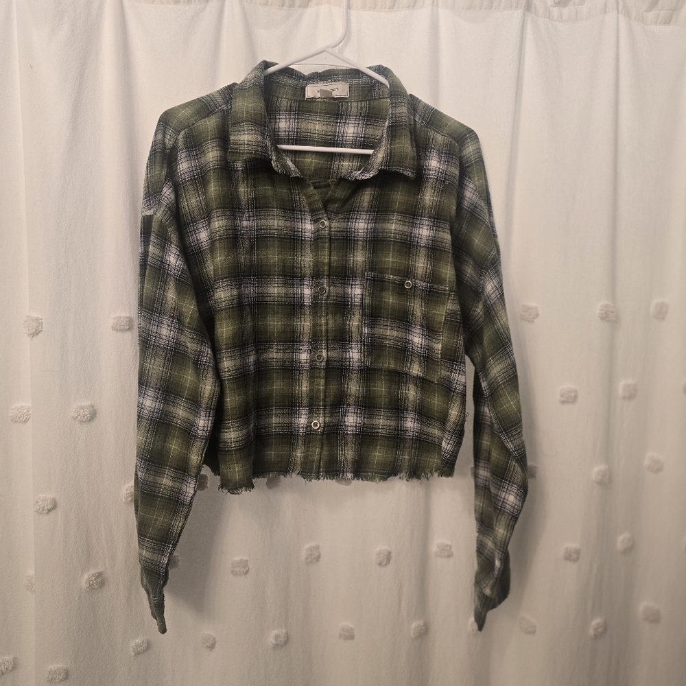 No Comment Ny La Ladies Green Plaid Cropped Shirt Size Xl